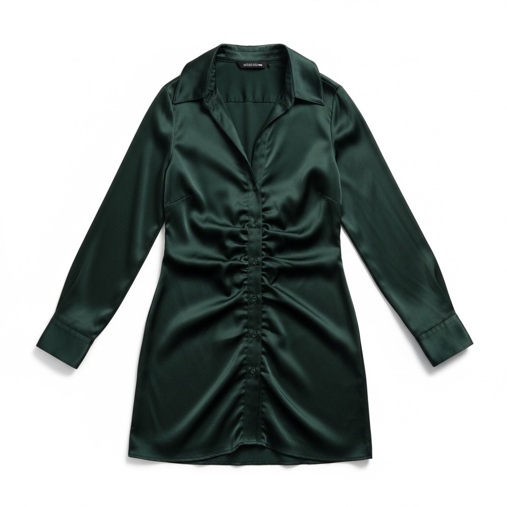 DESIGN‎ LAB Vine Green Satin Ruched Button Down Shirt Dress S P